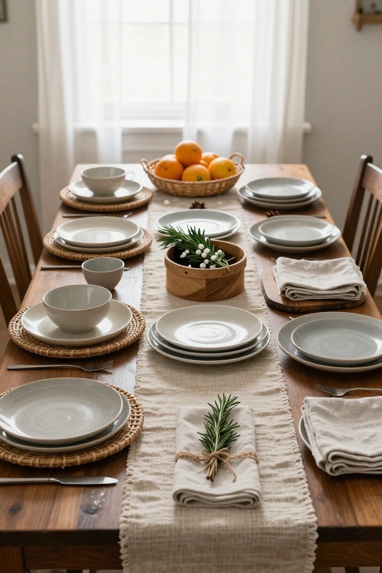 Wooden dining table set for Christmas with rattan placemats and chargers under white ceramic plates and bowls, a wicker basket of oranges, wooden containers with greenery, neutral linens, and silverware.