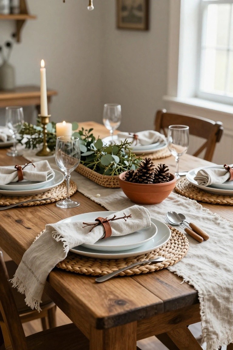 Wooden dining table set for four with round rattan placemats under white plates, linen napkins tied with leather straps and twigs, wine glasses, eucalyptus greenery in a woven tray, terracotta bowl of pinecones, candles, and linen runner.