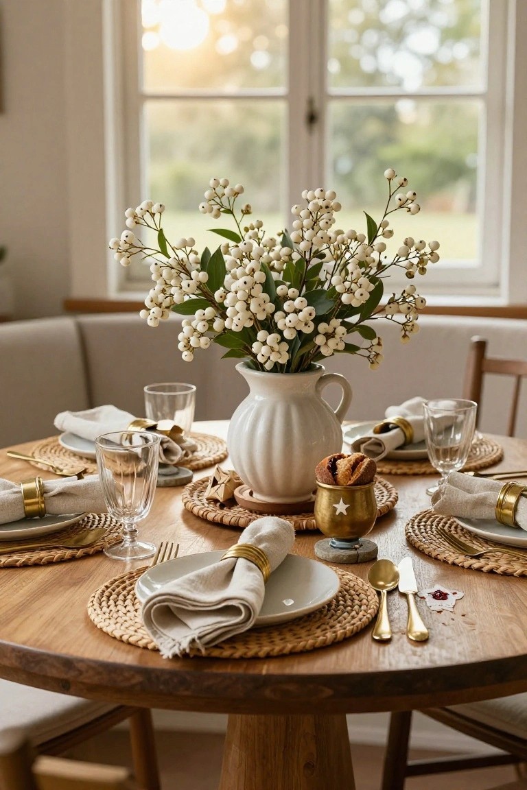 Round wooden dining table set with beige rattan placemats and coasters under plates and glasses, white jug of white berry branches as centerpiece, gold napkin rings, flatware, and small food items on beige linen napkins.