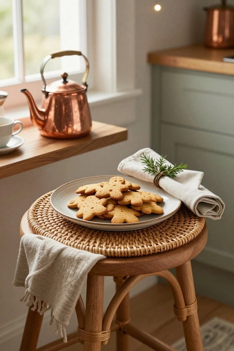 Rattan stool topped with a round woven placemat holding a white plate of gingerbread cookies and a rolled linen napkin tied with rosemary sprigs, beside a copper teapot on a wooden shelf in a kitchen.