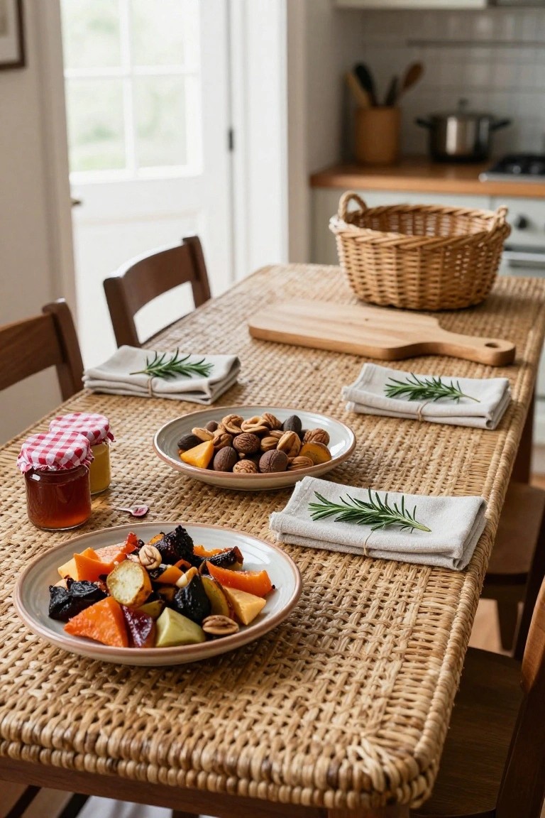 Rattan-surfaced dining table set with a plate of sliced fruits and vegetables, bowl of mixed nuts, small jars of honey, rosemary-tied linen napkins, and wooden cutting board, on wooden chairs in a kitchen with open French doors.