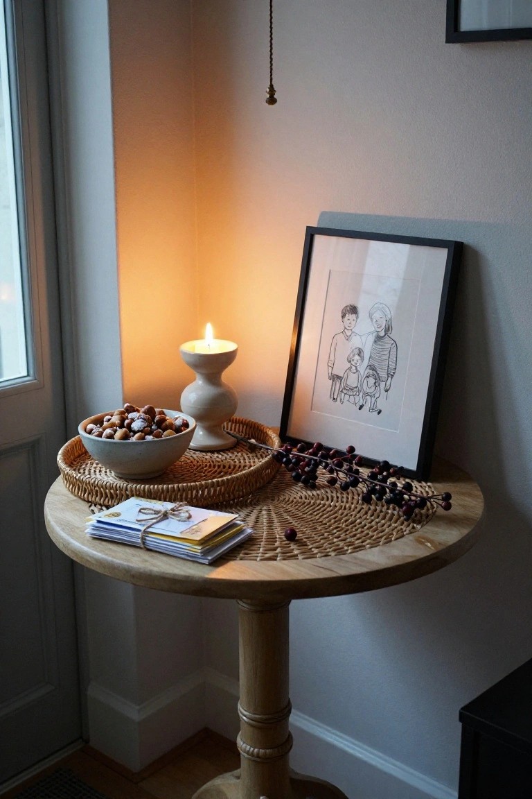 Wooden pedestal table in room corner with rattan placemat holding gray bowl of sugared hazelnuts, white candle holder, berry branch, and stacked envelopes next to black-framed ink drawing of family.