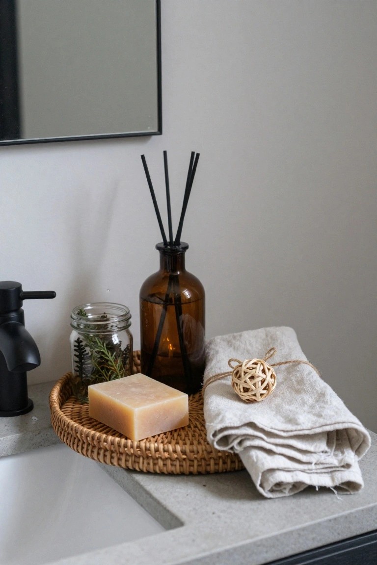 Rattan tray on a gray bathroom countertop holding a beige bar of soap, brown glass reed diffuser with black reeds, glass jar of rosemary sprigs, and folded white linen towel tied with twine and a woven ball.