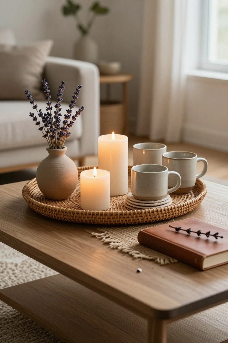 Round rattan tray on a wooden coffee table holding white pillar candles, beige ceramic cups and saucers, a terracotta vase of lavender, and a brown book with dried lavender stems, next to a beige sofa in a bright living room.