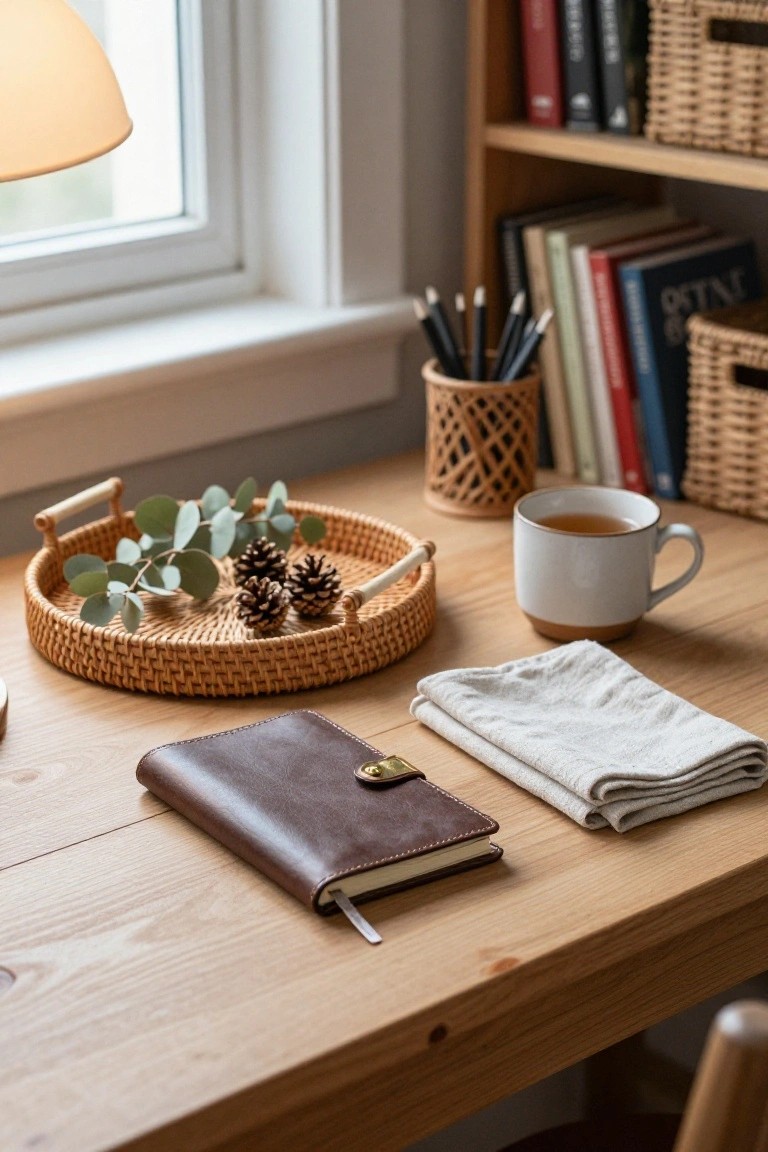 Wooden desk surface holding a brown leather-bound notebook, a round rattan tray with eucalyptus leaves and pinecones, a white ceramic mug with tea, linen napkins, and a woven pencil holder nearby, with bookshelves and a lamp in the background.
