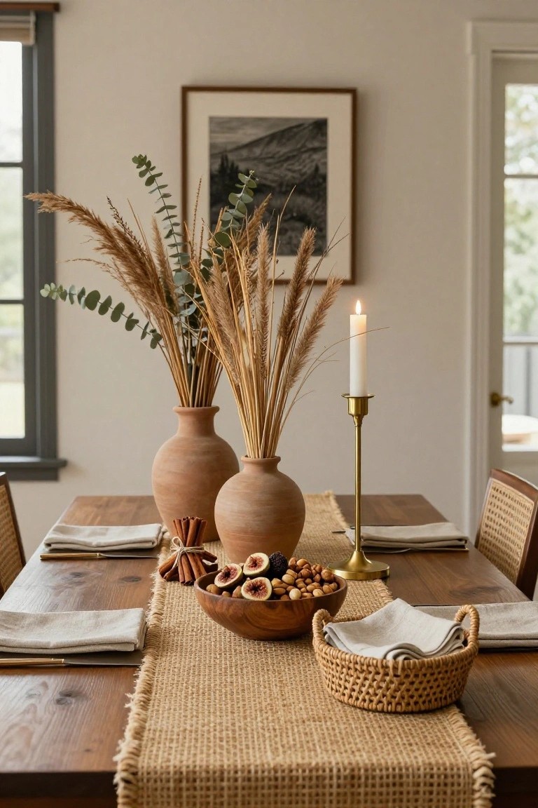 Wooden dining table topped with beige seagrass runner, two terracotta vases holding pampas grass and eucalyptus, wooden bowl of figs and nuts, rattan basket with linen napkins, brass candlestick with lit white candle, cinnamon sticks, and linen placemats.