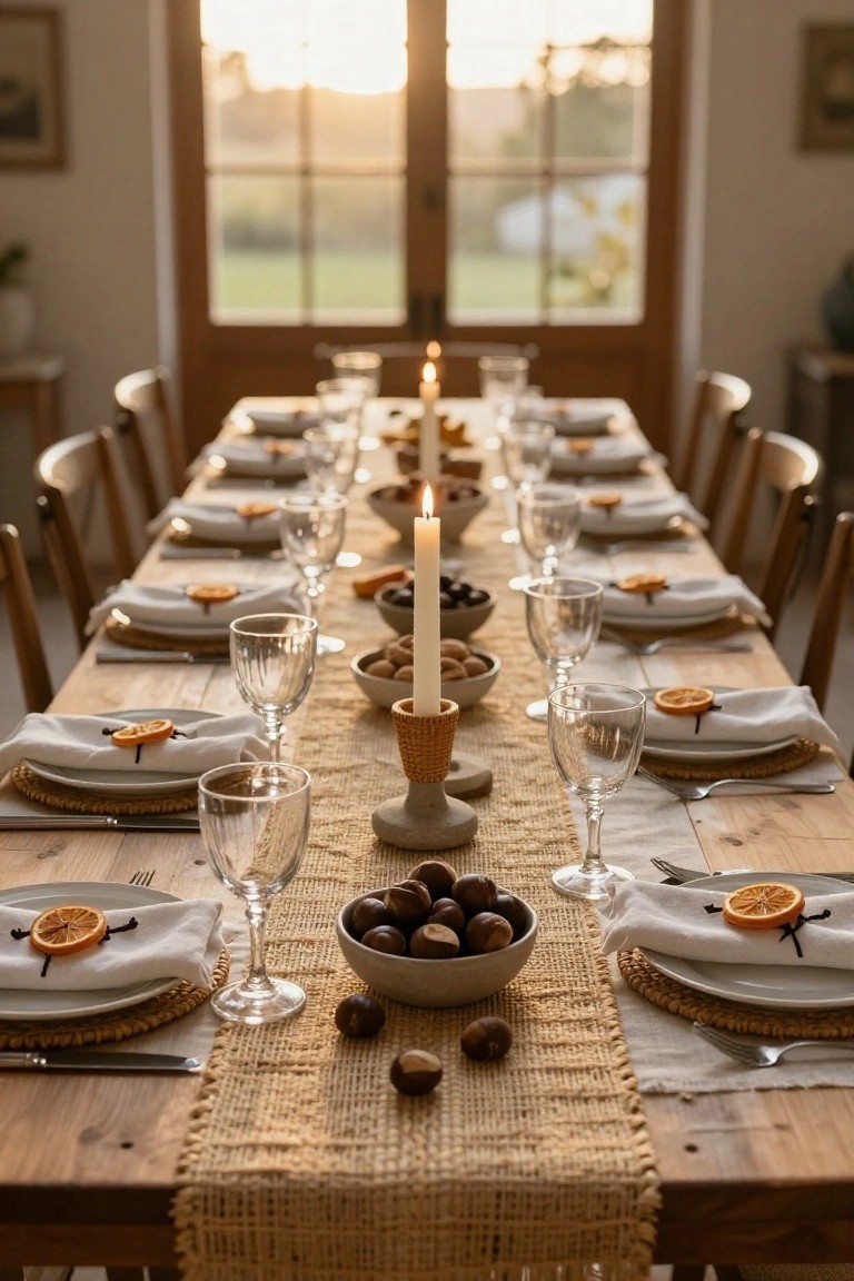 Long wooden dining table in a light-filled room set for a meal with rattan runner and placemats, white plates and napkins with dried orange slices, bowls of chestnuts and olives, candles, and glassware.