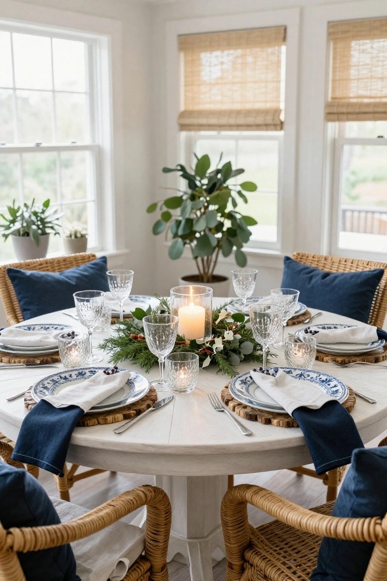 Round white pedestal table set for Christmas with blue and white patterned plates on wooden chargers, navy napkins, etched glassware, pillar and votive candles, central greenery wreath with berries, surrounded by navy-cushioned rattan chairs in a sunlit room with plants and bamboo shades.