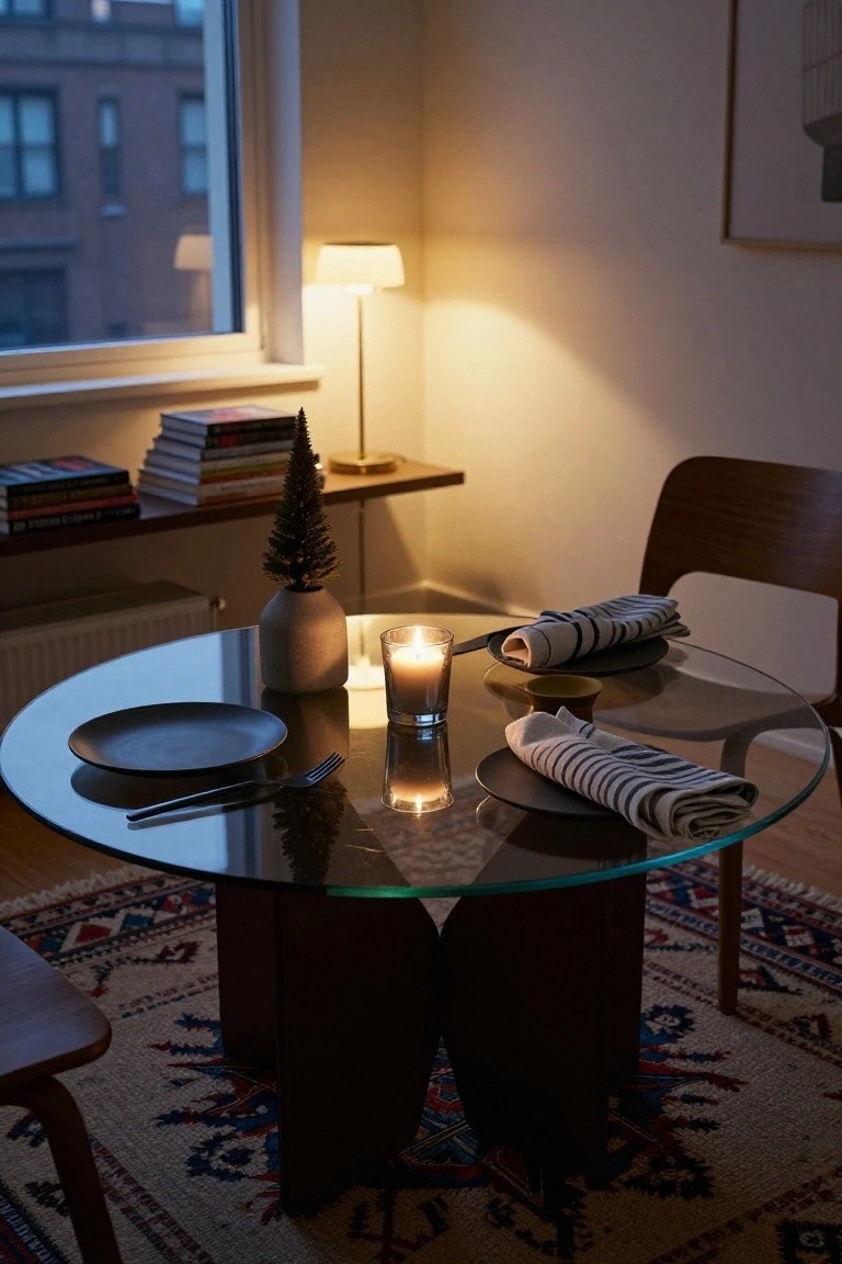 Round glass-topped wooden table set for dinner with black plates, forks, striped napkins, two candles in glasses, a small green vase, and a tiny pine tree nearby in a warmly lit apartment room with bookshelves and a window.