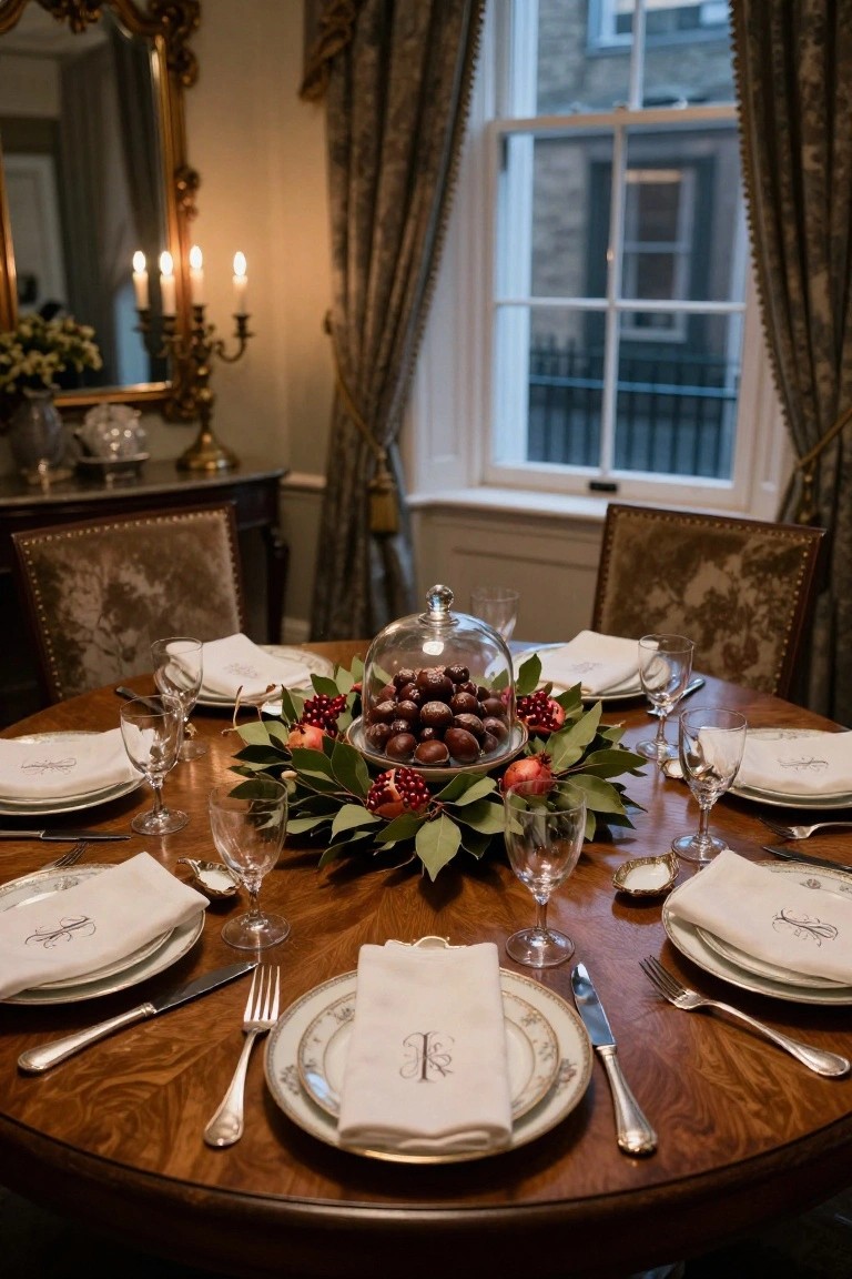 Round burlwood dining table set for Christmas dinner with a glass cloche centerpiece over chocolate-covered nuts and pomegranates surrounded by holly leaves and berries, flanked by white monogrammed napkins, porcelain plates, crystal glasses, and silverware.