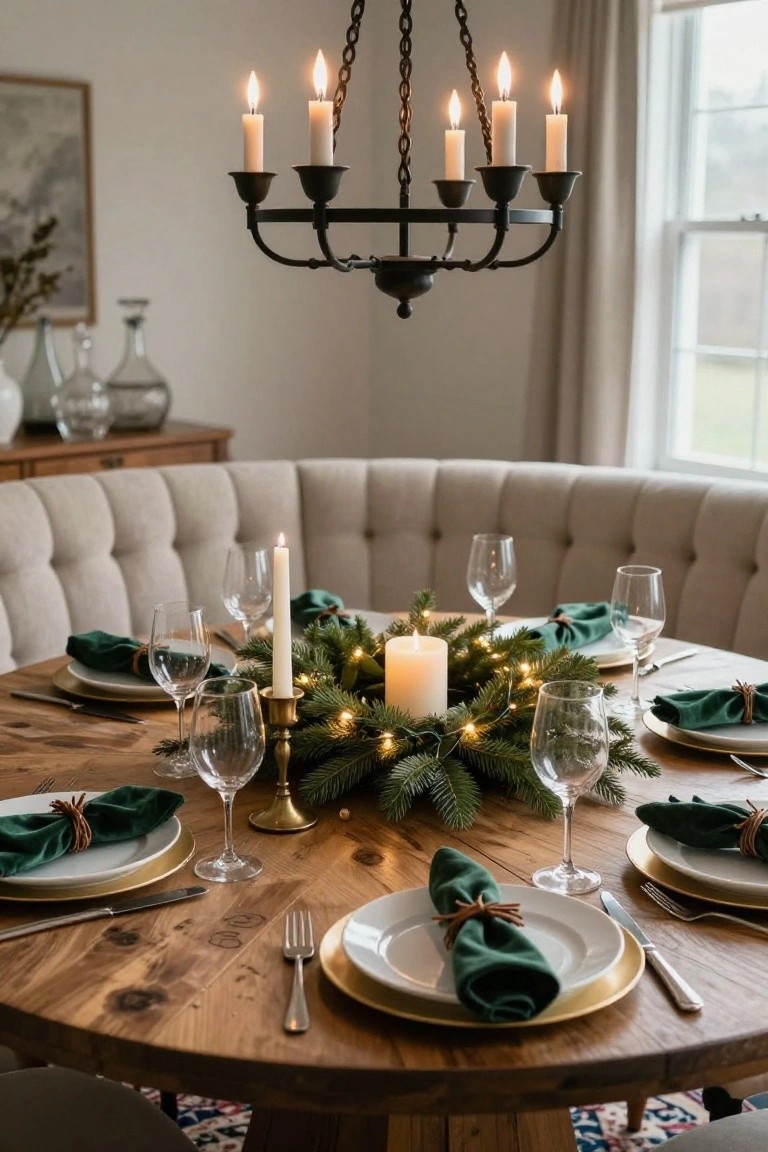 Round wooden dining table set for Christmas dinner with central evergreen garland wreath containing fairy lights and white candles, green fabric napkins tied with twine on white plates with gold chargers, wine glasses, brass candlesticks, tufted beige curved bench, and black iron chandelier overhead in a light room.