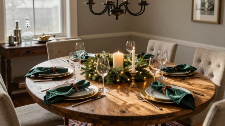Round wooden dining table set for Christmas dinner with central evergreen garland wreath containing fairy lights and white candles, green fabric napkins tied with twine on white plates with gold chargers, wine glasses, brass candlesticks, tufted beige curved bench, and black iron chandelier overhead in a light room.