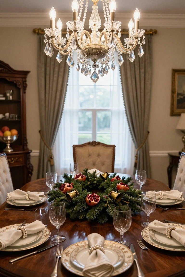 Round wooden dining table in a formal room set for Christmas with a central wreath of pine branches, pomegranates, and bells, white plates with pearl-ringed napkins, wine glasses, and chairs around it under a crystal chandelier.