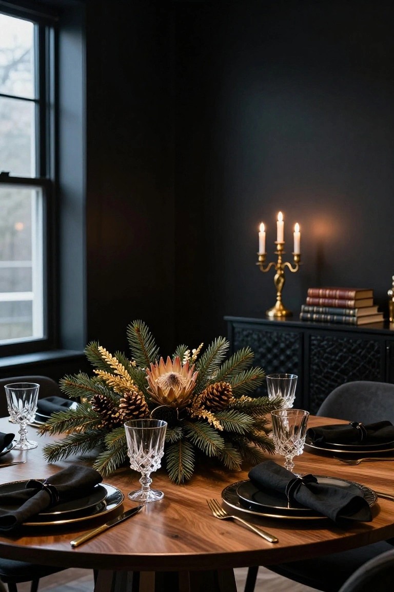 Elegant winter table setting with pine centerpiece, gold candelabra, and black dinnerware.
