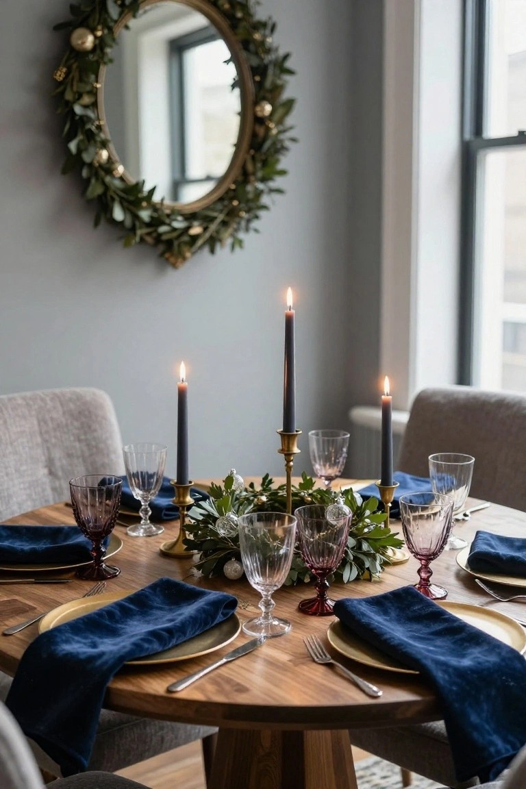 Round wooden dining table set for Christmas dinner with navy blue velvet napkins on gold plates, purple cut-glass wine glasses, lit gray taper candles in brass holders, and a greenery centerpiece with ornaments, beside gray upholstered chairs in a room with gray walls and a gold-framed evergreen wreath mirror.