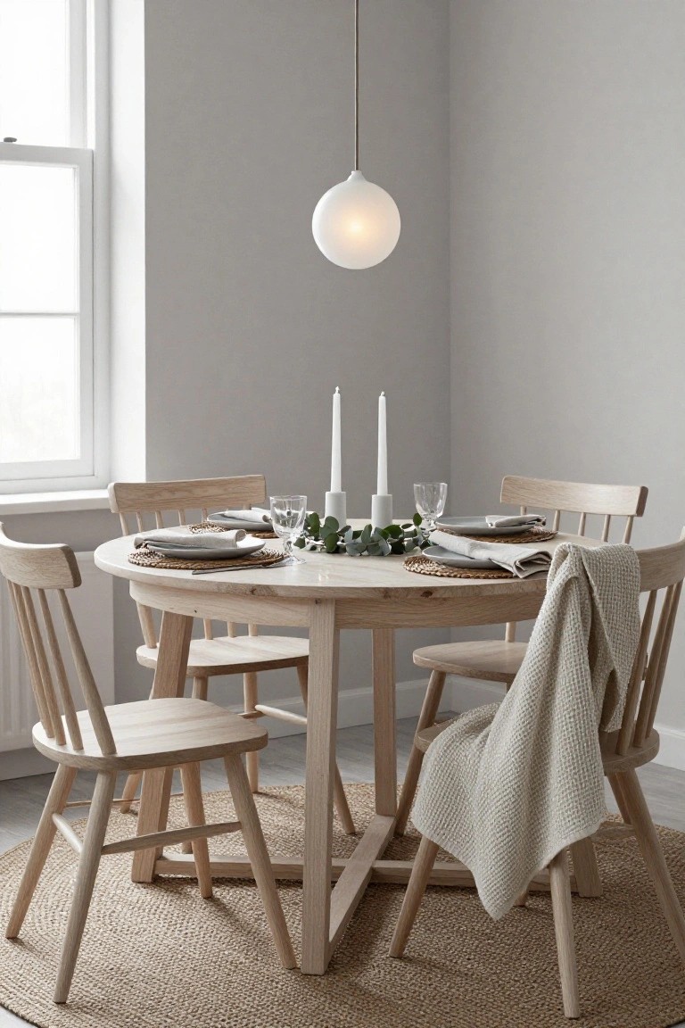 Round light wood dining table set with neutral plates, beige linen napkins on woven placemats, wine glasses, white candles, and eucalyptus garland in the center, surrounded by four matching wood chairs with one draped in a cream throw, in a pale gray room with a white pendant light.