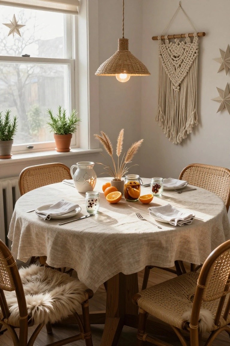 Round rattan dining table covered in white linen cloth set for two with white plates, napkins, cutlery, scattered oranges, jars of cloves, white pitcher, pampas grass, in a light room with rattan chairs, plants, macrame wall hanging, and star decorations.