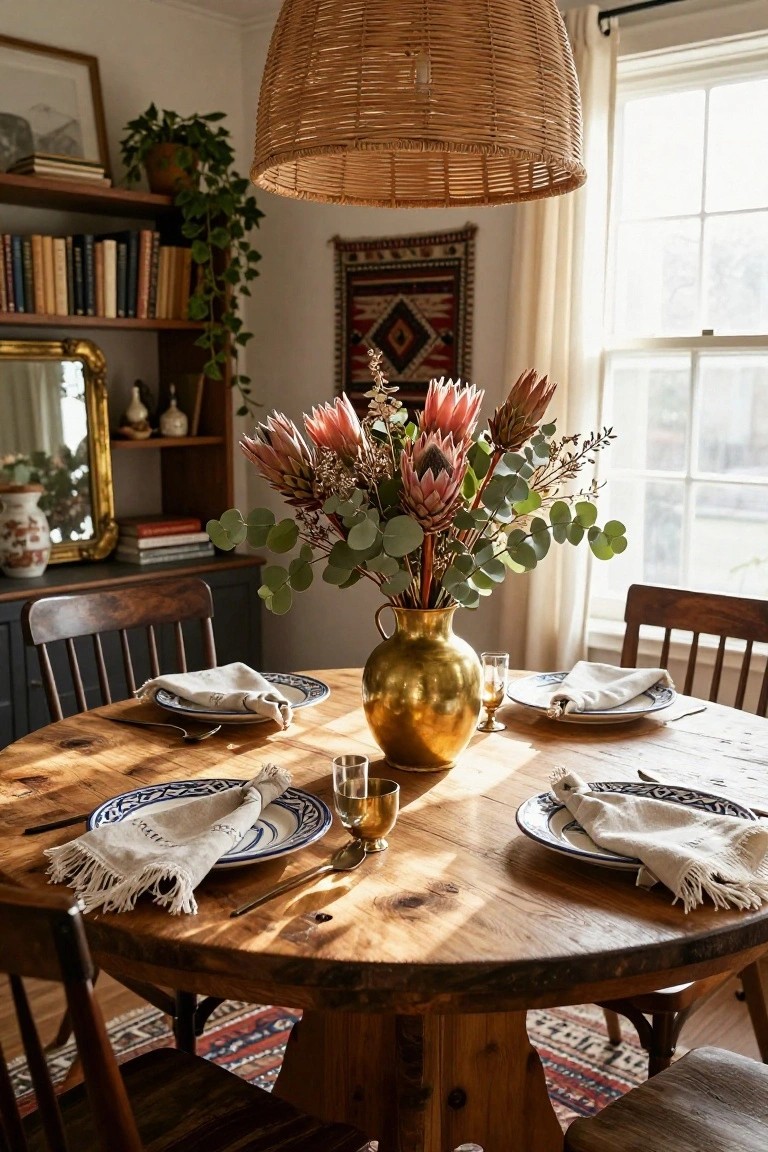 Round wooden dining table set for four with blue and white plates, linen napkins with fringe, silverware, glassware, and a central brass vase of pink protea flowers mixed with eucalyptus, in a room with wooden chairs, bookshelves, plants, and a basket pendant light.