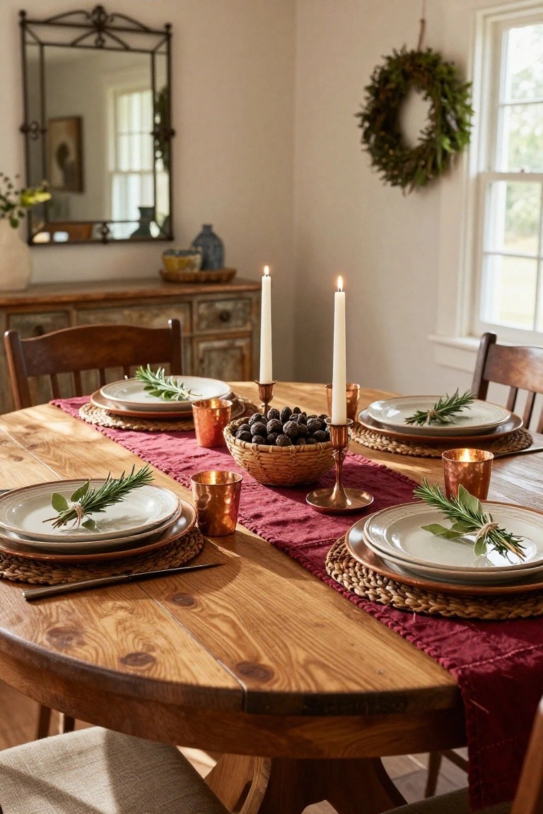 Round wooden dining table set with four places including white plates topped with tied rosemary sprigs, woven placemats, copper tumblers, candles, and a basket of nuts on a red runner in a beige room with greenery decor.