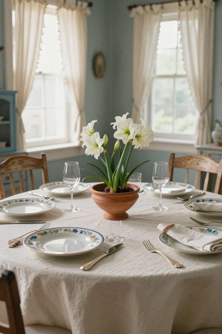 Round wooden table covered in beige linen cloth, set with blue-rimmed white plates, wine glasses, silverware, and napkins, centered with a terracotta pot of white amaryllis flowers in a light blue room with sheer curtains and wooden chairs.