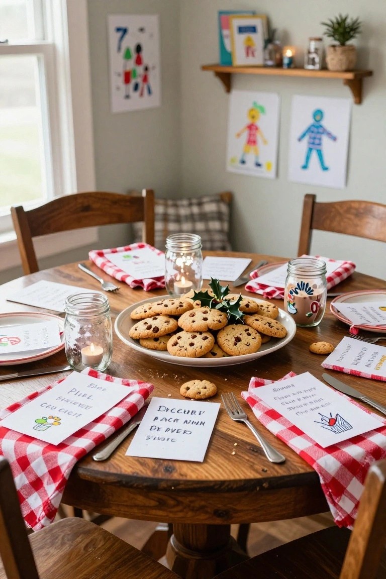 Round wooden dining table set for Christmas with red-and-white checkered napkins folded under white plates, a central platter of chocolate chip cookies, mason jar candles, holly sprigs, and handwritten place cards.