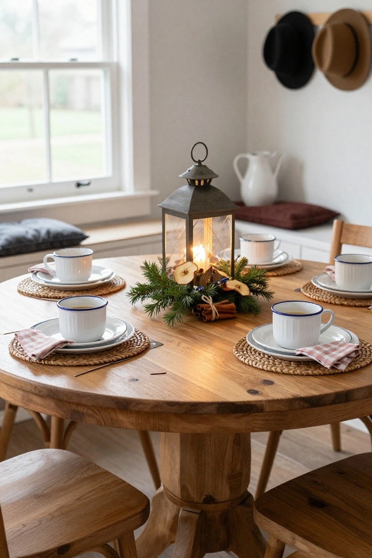 Round wooden dining table set for four with blue-rimmed white mugs and saucers on woven placemats, central lit metal lantern surrounded by pine branches, apple slices, and cinnamon sticks, in a white-walled room with window and chairs.