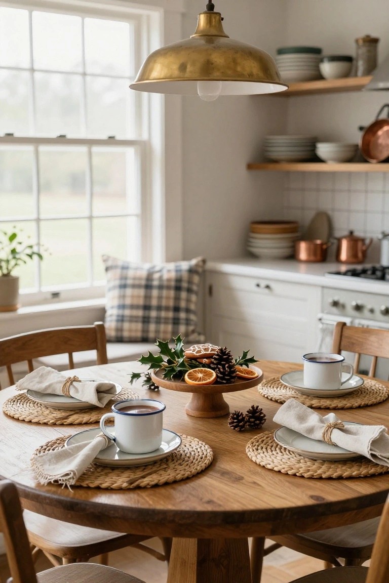 Round wooden dining table in a light kitchen with two blue-rimmed mugs of hot chocolate on white plates, linen napkins tied with twine, woven placemats, and a central wooden pedestal holding dried orange slices, pinecones, and holly sprigs.