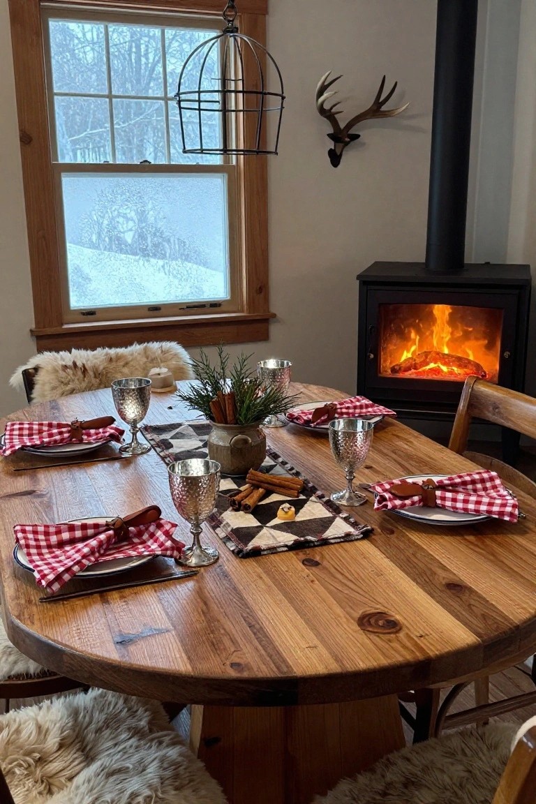 Round wooden dining table set for Christmas with red plaid napkins, metallic goblets, cinnamon sticks on a quilted runner, greenery in a metal bucket, sheepskin chairs, wood-burning stove, and snowy window view in a cabin room.