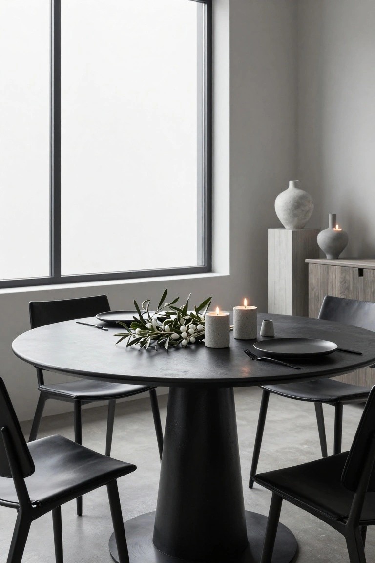 Round black table in a minimalist dining room with black leather chairs, set with black plates, olive branches bearing white berries, concrete candles, and a small grey vase nearby a large window.