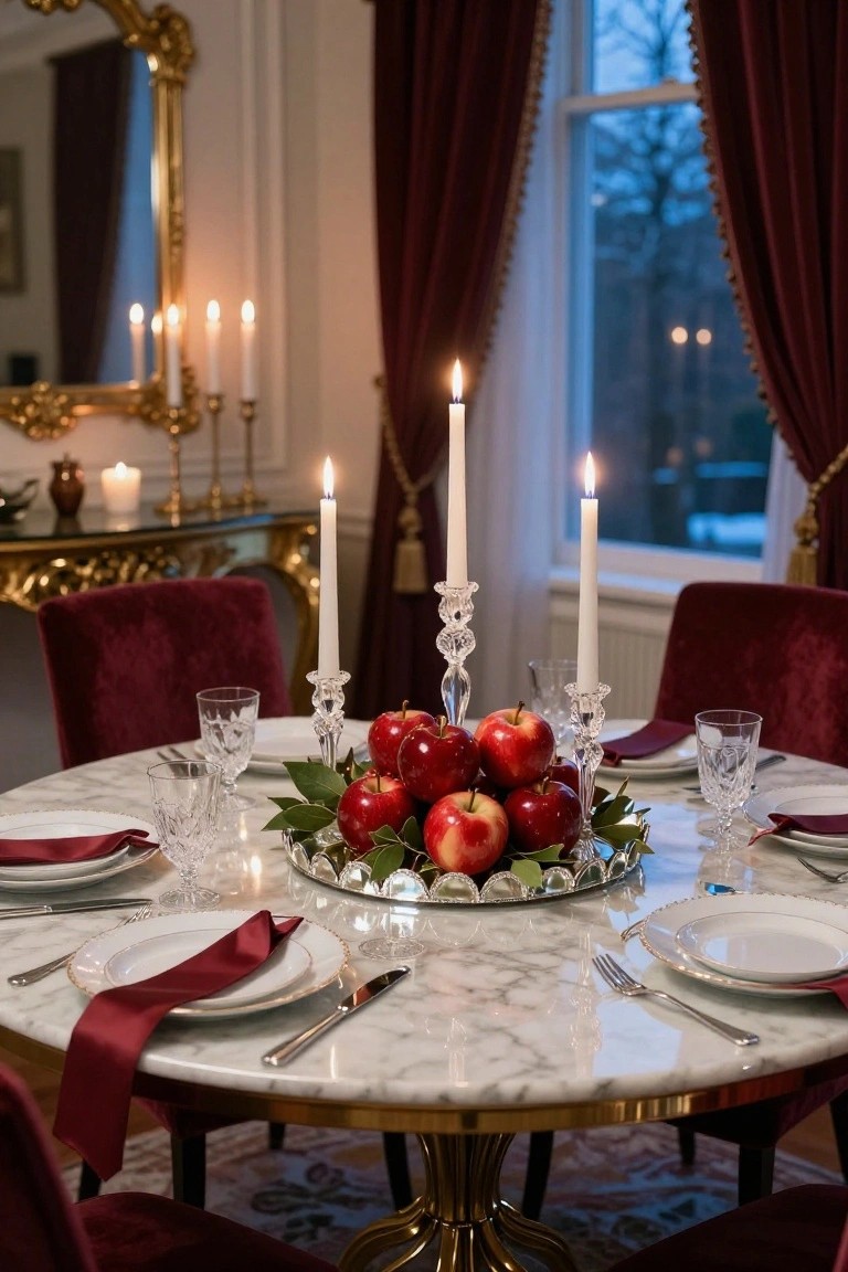 Round marble dining table with a centerpiece of red apples, holly leaves, and white candles in crystal holders, set with white plates, red napkins, and glassware, surrounded by red velvet chairs in an elegant room with red drapes and candlelight.