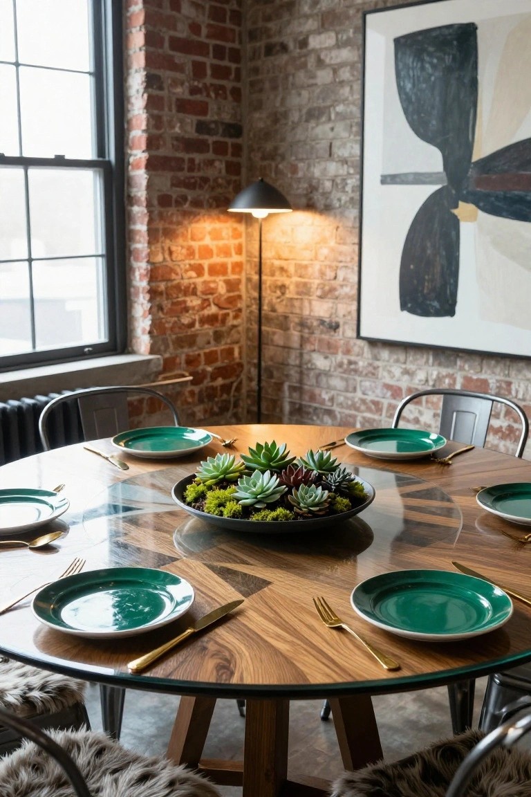 Round wooden dining table with glass top set for a meal using green plates, gold utensils, and a central black bowl of succulents and moss, surrounded by industrial metal chairs in a brick-walled room.