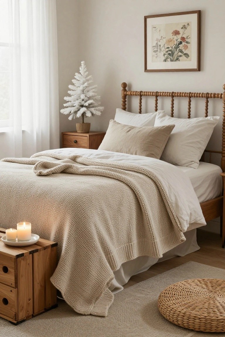 Cozy bedroom with wooden spindle bed draped in white sheets and beige chunky knit throw, small white flocked Christmas tree in corner, wooden nightstands and crate with candles, rattan pouf on beige rug.