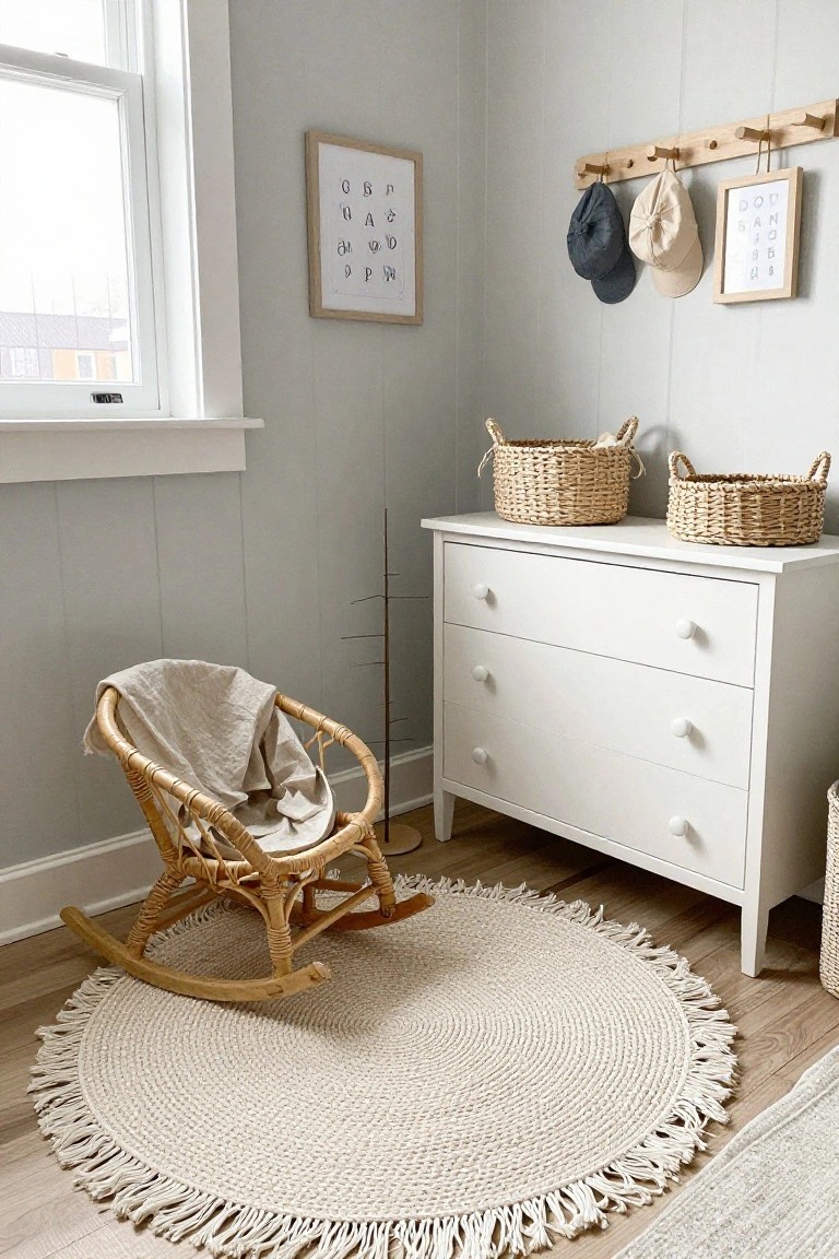 Nursery corner with light gray walls, white dresser topped by two wicker baskets, slim undecorated Christmas tree beside it, rattan rocking chair with linen throw on round off-white crocheted rug with fringe edges, wooden hooks holding hats, and framed alphabet art on walls.