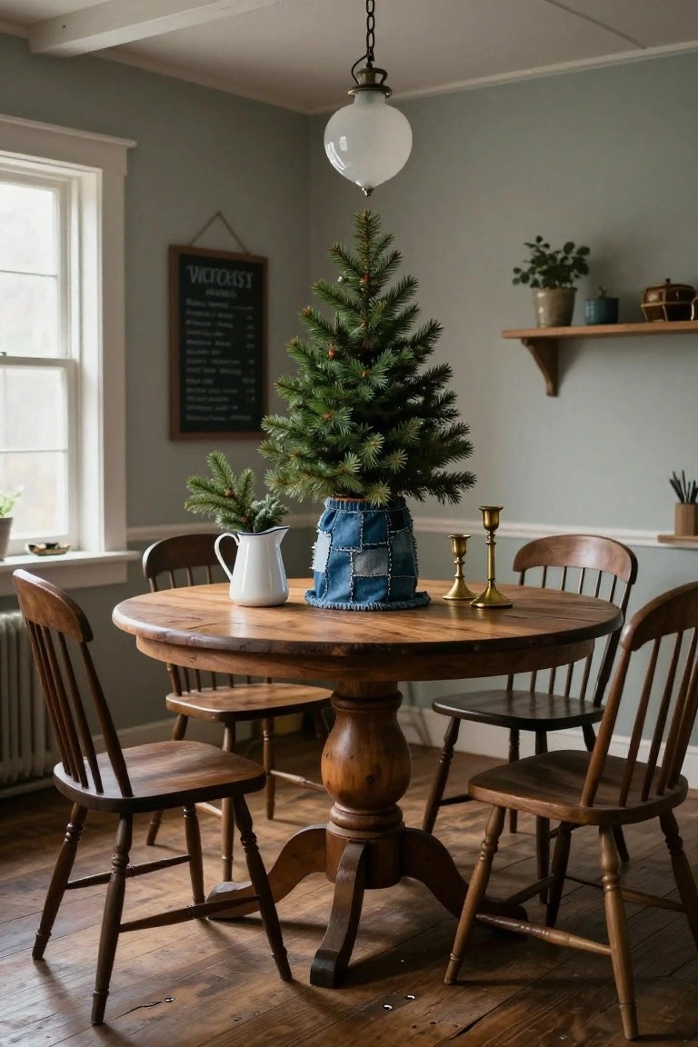 A small potted Christmas tree in a blue patchwork denim skirt centered on a round wooden pedestal dining table with wooden chairs, a white pitcher, brass candlesticks, and houseplants in a light gray room.