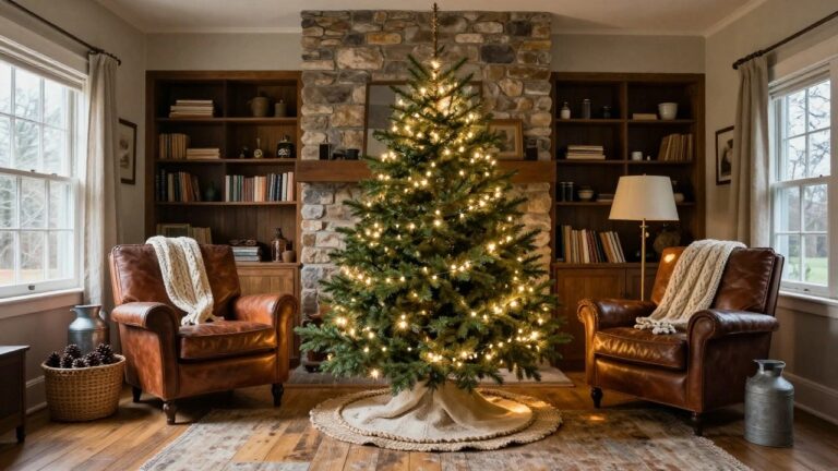 19 Rustic Christmas Tree Skirt Ideas That Add Cozy Texture A lit evergreen Christmas tree in a cozy living room corner with a cream fabric tree skirt, basket of pinecones, galvanized milk pail, leather armchair draped with a knit blanket, stone fireplace, and wooden floors.