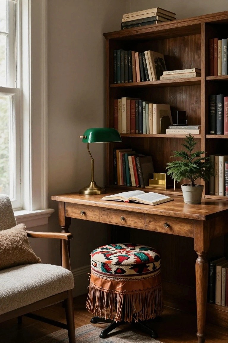 Wooden desk with open book in cozy room featuring bookshelves, green banker's lamp, small potted fir tree on shelf, colorful fringed pouf stool underneath, and nearby armchair.