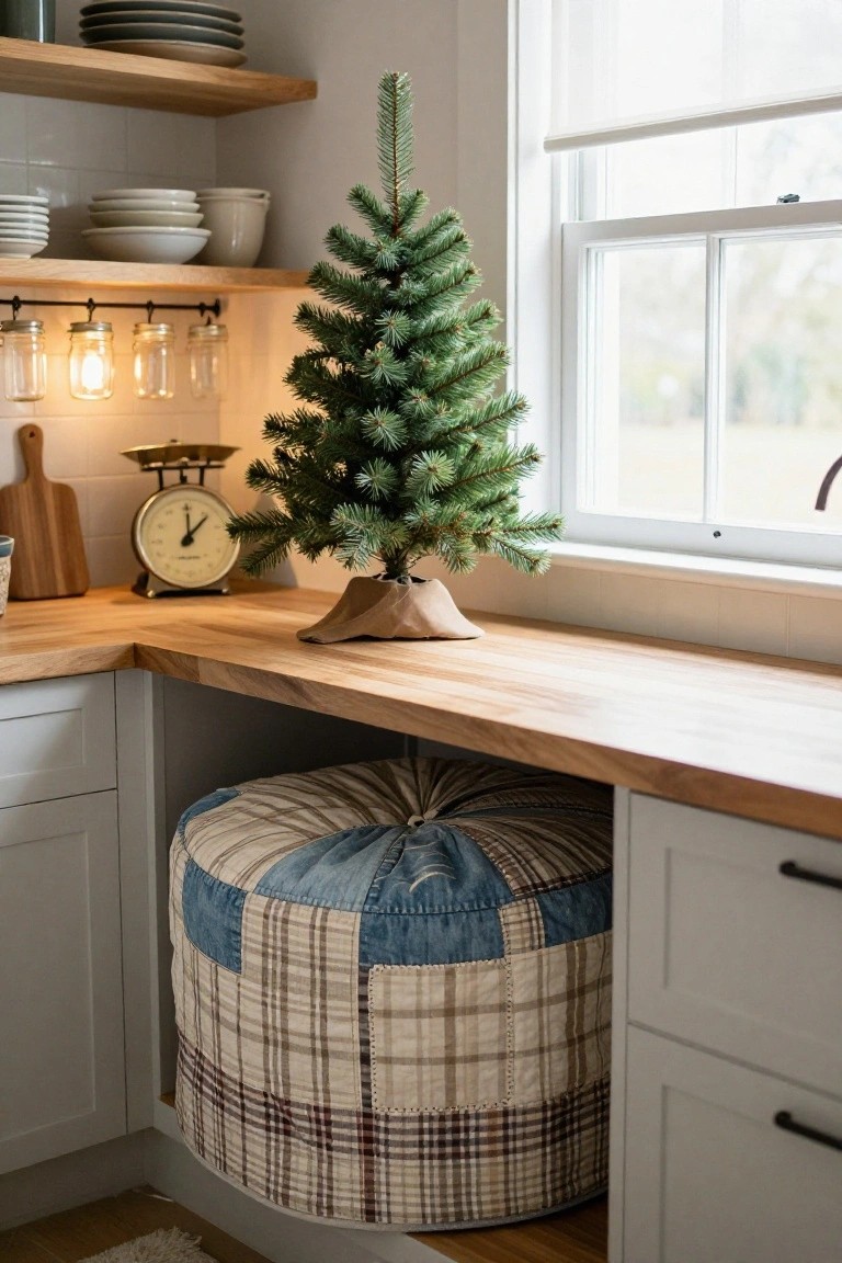 Small Christmas tree on wooden kitchen counter with brown paper-wrapped base next to vintage scale and cutting board, colorful patchwork denim and plaid pouf in lower cabinet space below.