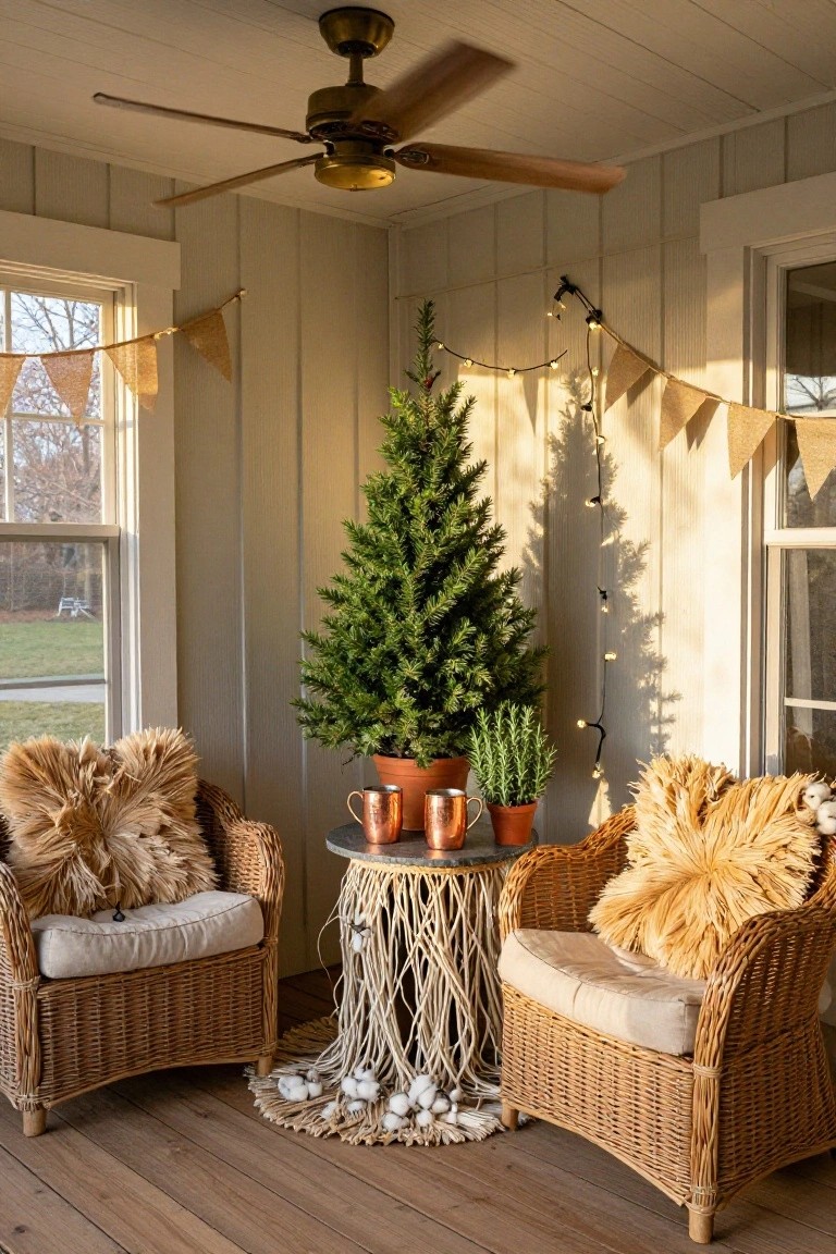 Small potted fir Christmas tree on a porch with light gray shiplap walls and large windows, base surrounded by coiled white rope and scattered cotton bolls, flanked by two rattan chairs with fur pillows and a round rope-wrapped table holding potted plants and copper mugs.