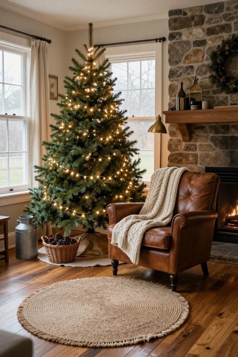 A lit evergreen Christmas tree in a cozy living room corner with a cream fabric tree skirt, basket of pinecones, galvanized milk pail, leather armchair draped with a knit blanket, stone fireplace, and wooden floors.
