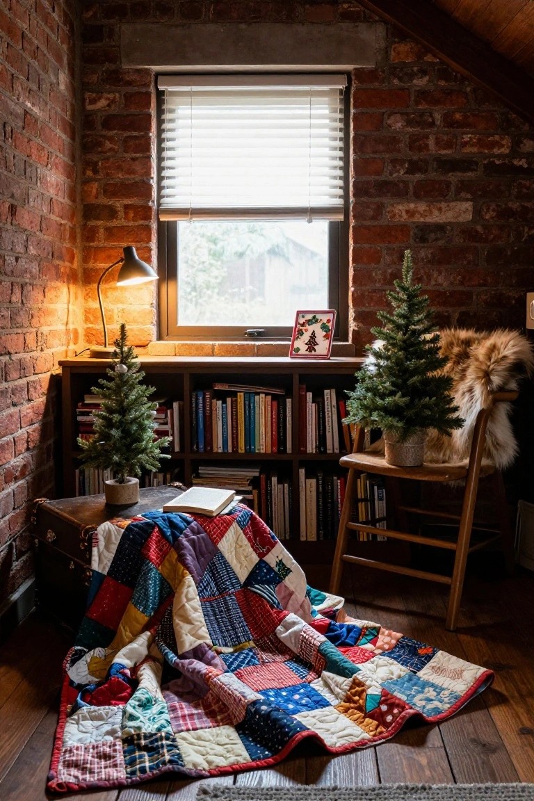Cozy attic room with exposed brick walls, wooden bookshelves filled with books, small potted Christmas trees, a colorful patchwork quilt draped on the wood floor, a wooden chair with fur throw, and an open book on a trunk by a lamp.