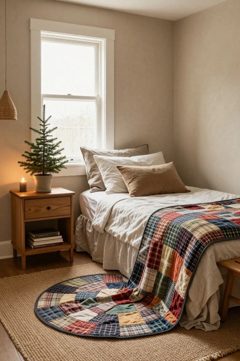 Bedroom corner showing a single bed with white linens and colorful patchwork quilt, wooden nightstand holding books, a lit candle, and small potted Christmas tree in a white pot, round patchwork plaid rug on seagrass floor, beige walls, rattan pendant lamp, and window with white trim.
