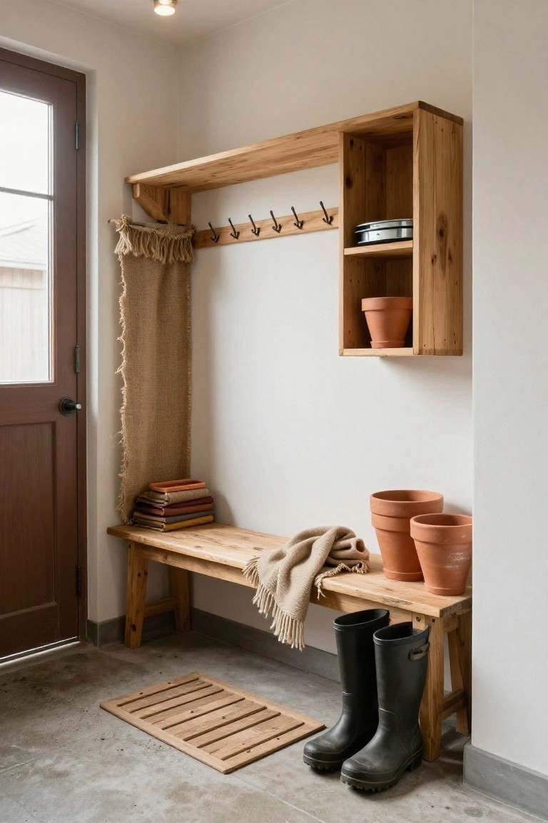 Wooden wall-mounted shelf with hooks and cubbies above a bench in a light entryway next to a door, with jute curtain, terracotta pots, wool throw, boots, and books.