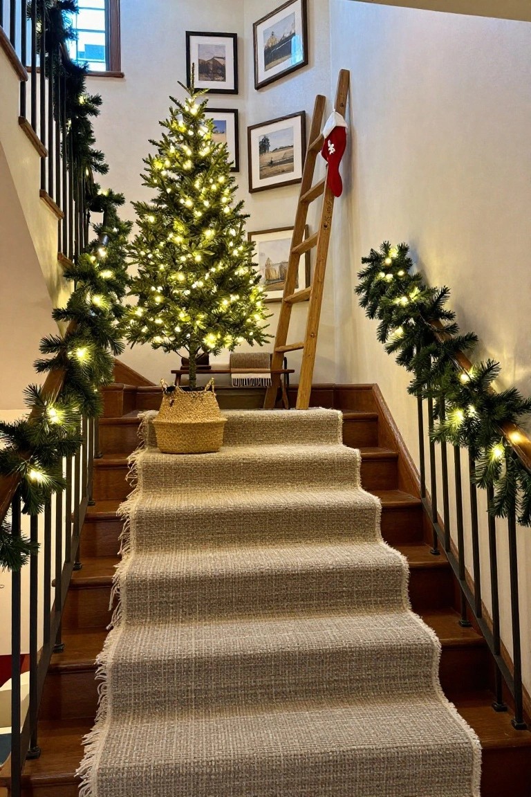 Small lit artificial Christmas tree in a round woven wicker basket next to carpeted wooden stairs with beige runner, surrounded by garlands with lights, wooden ladder with red stocking, and framed artwork on walls.
