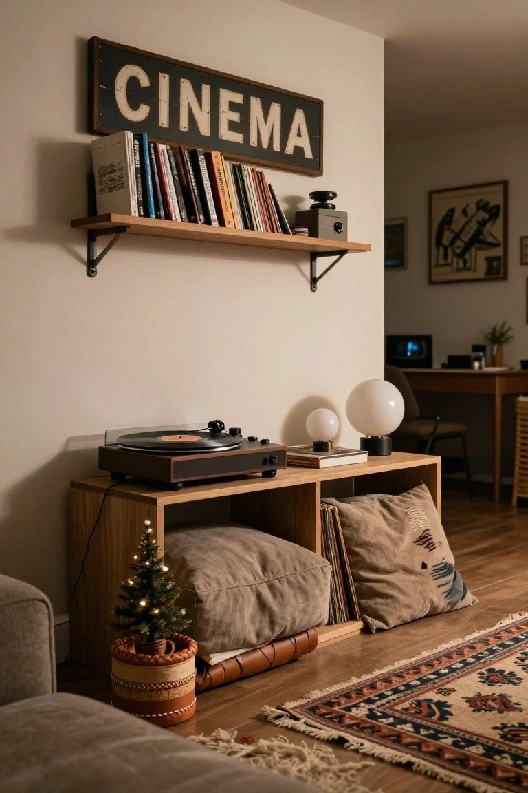 Cozy living room corner with wooden shelves displaying books and a