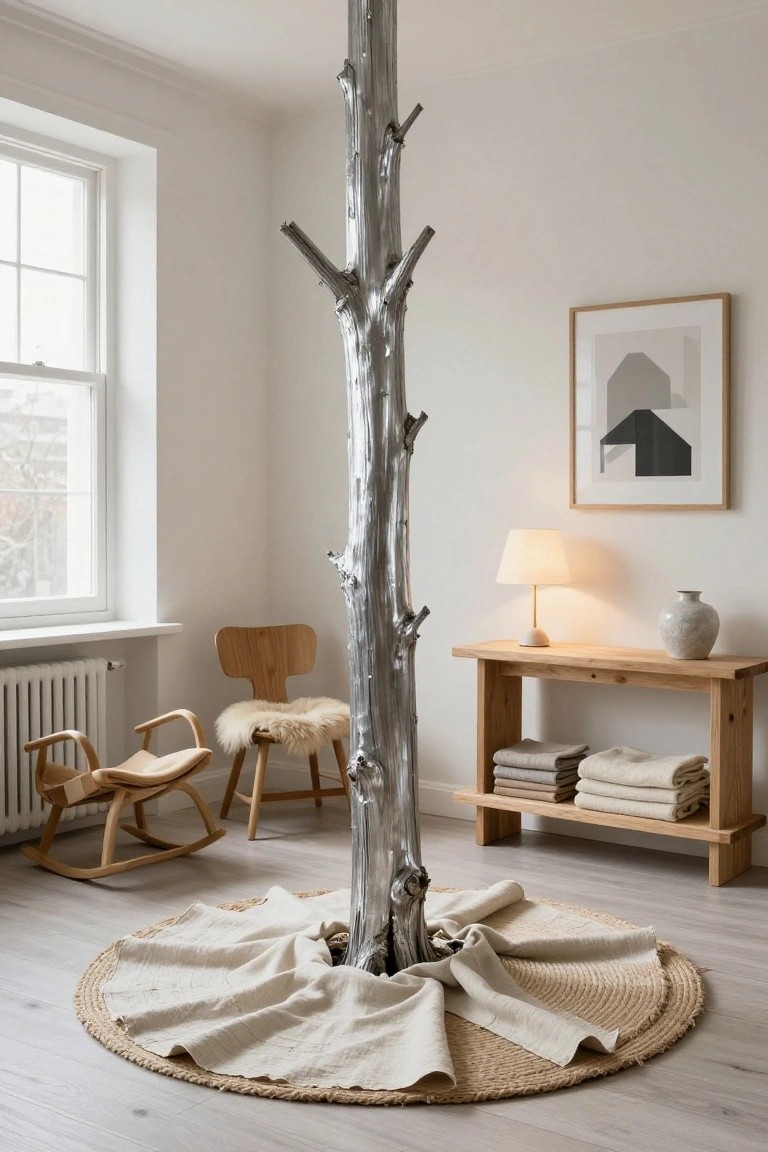 Silver metallic tree-shaped coat rack in a white room with white linen fabric draped around its base over a round seagrass-edged rug, wooden chairs nearby, side table with lamp and vase, and folded linens on shelves.