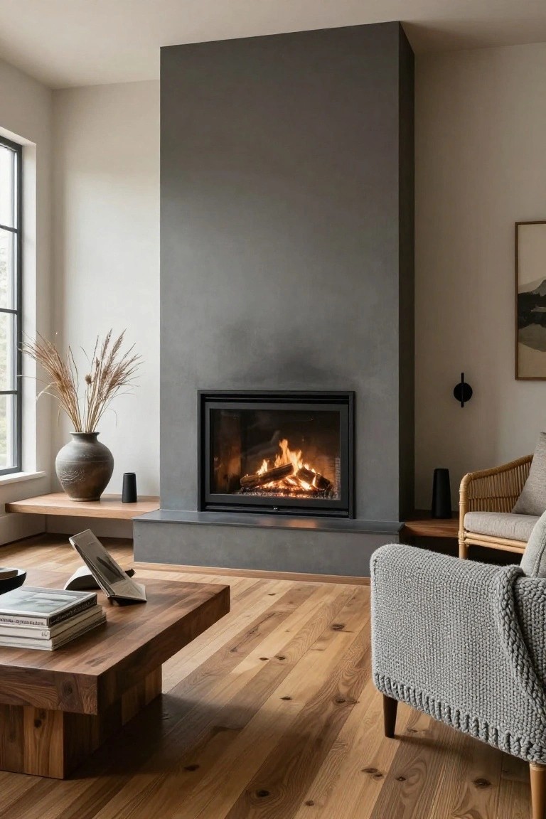 Modern living room interior with a tall matte gray textured plaster fireplace wall containing a burning wood fire, pampas grass in a dark vase on a wooden shelf, wooden coffee table stacked with books, rattan chair with gray knit throw, and light oak wood floors beside large windows.