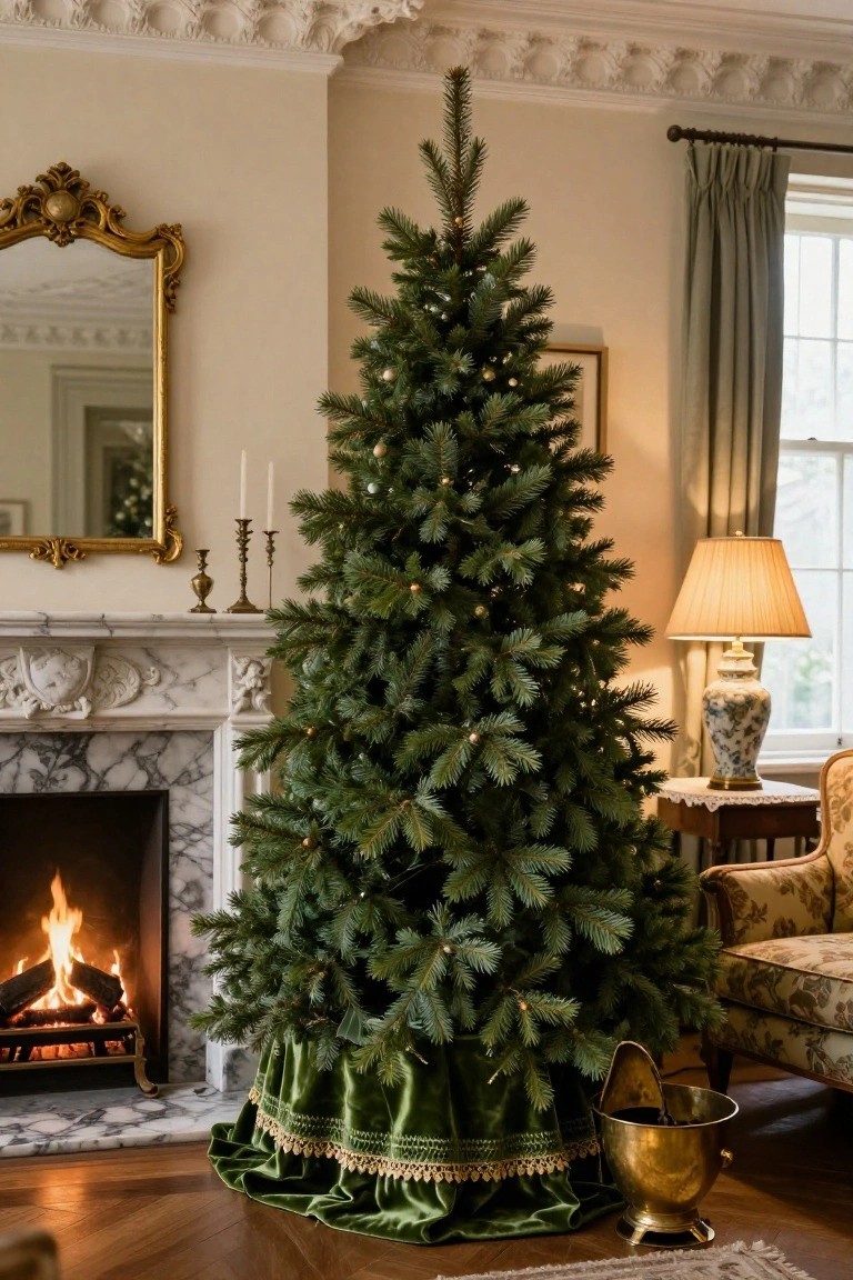 A lit Christmas tree with ornaments stands on a green velvet tree skirt edged in gold braid next to a marble fireplace in a traditional living room with antique furniture and lamps.