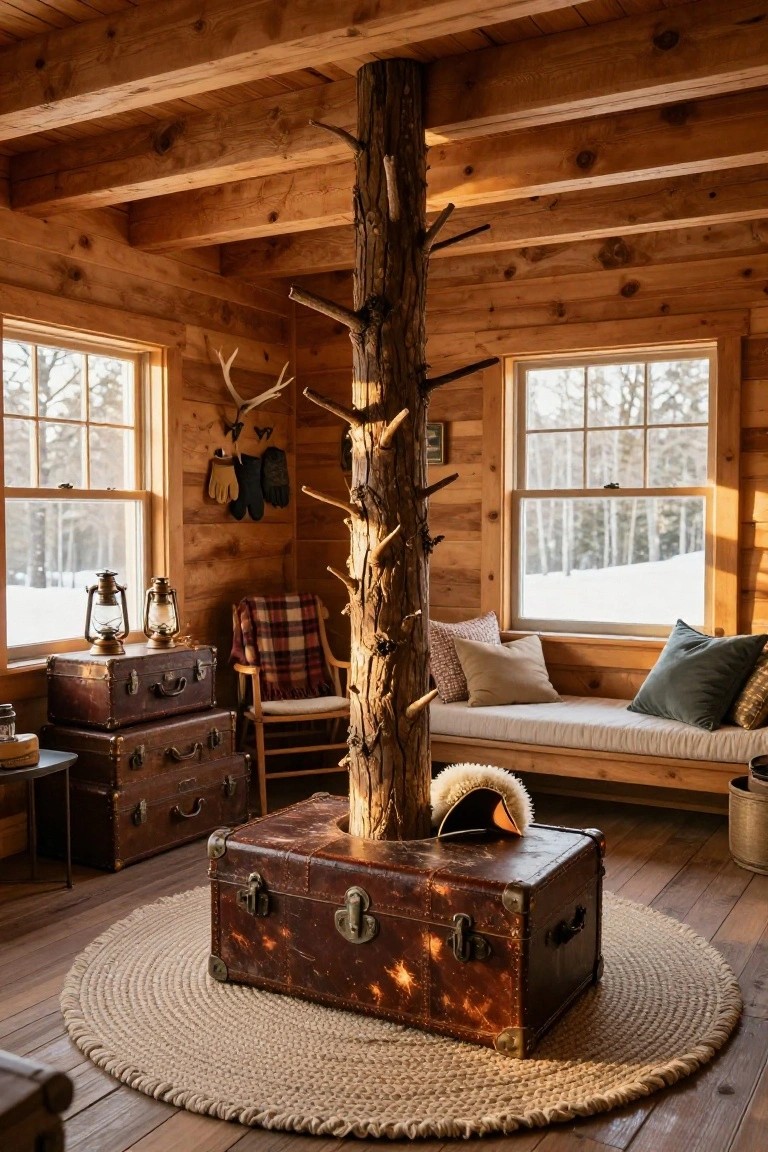 Log cabin interior with a central tree trunk pole used as a coat rack, standing on a vintage brown leather trunk base on a round jute rug, wooden walls, antlers, lanterns, suitcases, chairs, bench, and snowy windows.