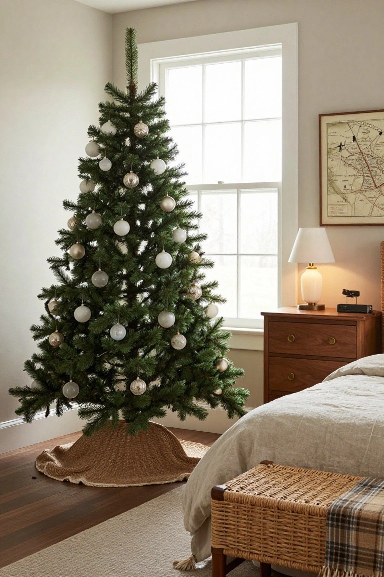 A slim artificial Christmas tree decorated with white and metallic gold ornaments stands in the corner of a beige bedroom next to a large window, wooden nightstand, and bed with white linens.