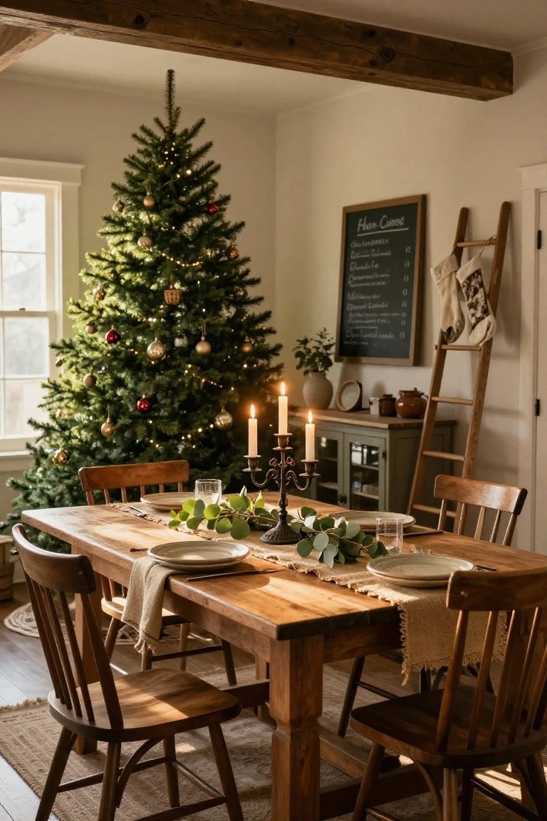 Rustic farmhouse dining area featuring a lit Christmas tree in the corner beside a wooden table set with white plates, eucalyptus garland, candelabra, and wooden chairs.